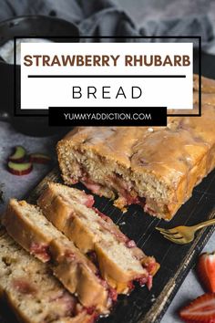 strawberry rhubarb bread is cut into slices on a tray