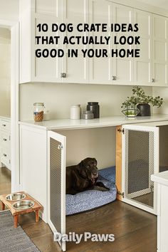 a dog laying in his bed under the kitchen cabinets that is built into the wall