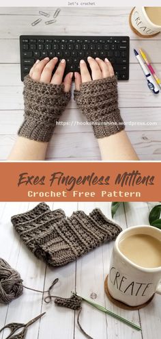 a woman's hands with knitted fingerless mitts and coffee mug on the table