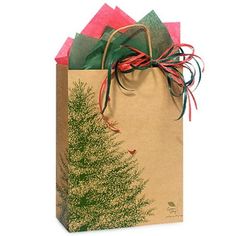 a brown paper bag with green and red trees on the front, tied to it