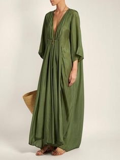 Loose Deep V-neck Maxi Dress - rrdeye Dark Green V-neck Summer Dress, Green Solid Color Beach Dress, Green Solid Color Dress For Vacation, Khaki Beach Dress, Green Solid Color Summer Dress, Green Solid Color Vacation Dress, Spring Beach Khaki Maxi Dress, Khaki Maxi Dress For Beach And Spring, Spring Khaki Maxi Dress For Beach