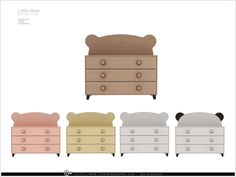 four different colored dressers with drawers on each side