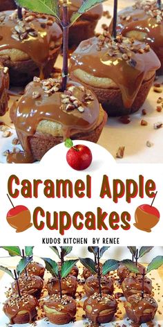 caramel apple cupcakes with chocolate frosting and sprinkles on top