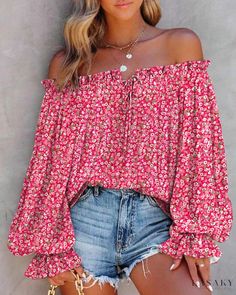 Lasaky - Flowy Shoulder Frilled Top Bo Ho, Lantern Sleeve Top, Lantern Sleeved Blouses, Frill Tops, Balloon Sleeve Top, Tie Dye Outfits, Blouse Material, Floral Print Blouses, Pink Blouse