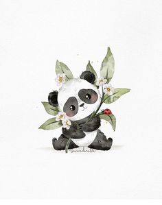 a watercolor painting of a panda with flowers