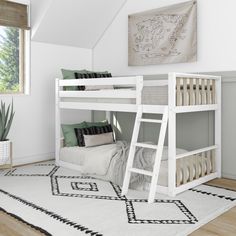 a white bunk bed sitting on top of a wooden floor next to a rug and potted plant