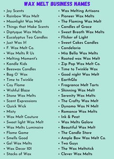 a list of wax melt business names on a blue background with the words wax melt business names