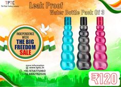 an advertisement for water bottles with the slogan leap proof, water bottle pack of 3