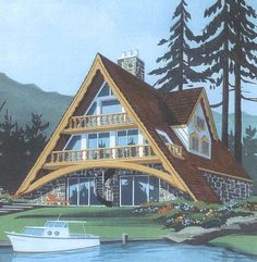 this is an artist's rendering of a house in the woods with a boat on the water