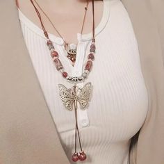 Ethnic Style Butterfly Long Necklace Vintage Sweater Chain Charm Womens Boho Necklace Jewelry For Daily Clothing Decoration Bohemian Jewels, Rosary Style Necklace, Boho Pendant Necklace, Butterfly Pendant Necklace, Boho Pendant, Sweater Chain, Long Sweater, Vintage Sweater, Butterfly Necklace