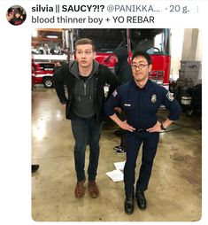 two men standing next to each other in front of a firetruck with the caption, silvia i saucy???????? panikka? @ patricka blood thinner boy + yo rebar