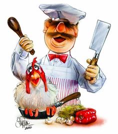 a drawing of a chef holding a knife and chicken