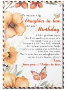 a birthday card with an orange flower and butterfly on the front reads, to my amazing daughter - in - law on your birthday