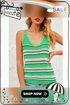 Green Stripe Knit V Neck Vest Green Knitted Beach Sweater, Green Crochet Top With Pointelle Knit, Green Knitted Summer Sweater, Green Knit Beach Top, Summer Green Knitted Sweater, Spring Vacation Knit Sweater Vest, Green Knit Top For Spring, Green Open Knit V-neck Top, Spring Green Knit Top