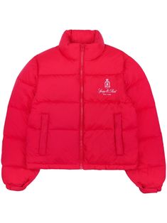 red down-feather filling logo print at the chest padded design high neck front zip fastening two side welt pockets long sleeves straight hem Red Winter Puffer Jacket With Zipper, Red Long Sleeve Puffer Jacket With Padded Collar, Oversized Puffer Jacket, Oversized Puffer, Quilt Jacket, Sporty And Rich, Pad Design, Down Feather, Contrast Collar