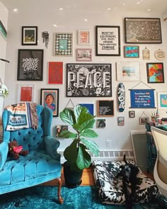 a living room filled with lots of framed pictures on the wall and a blue chair