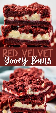 red velvet gooey bars are stacked on top of each other