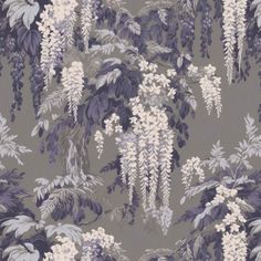 a wallpaper with purple and white flowers on it's side, in front of a gray background