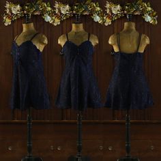 Gorgeous 1990's dark midnight blue chemise! Made by 'Inner Most', size L, 100% Polyester, Hong Kong. Non-adjustable double spaghetti straps. The fabric on this dress  a sheer polyester chiffon fabric with a shiny floral print all over in the same color. 4 functional satin buttons down the front in a wavy satin ribbon that runs along the front of the neckline. Shown on a size L mannequin with a 38.75" Bust, 27.5" Waist, 41.5" Hips Best for a woman's LARGE or 38. Condition: great overall, some minor pilling around the body. 39" bust 39"waist 68" hips 34.5" length Sleeveless Coquette Slip Dress For Party, Party Camisole With Adjustable Straps In Mini Length, Coquette Sleeveless Slip Dress For Party, Night Dresses With Adjustable Spaghetti Straps, Party Camisole With Adjustable Straps And Mini Length, Fitted Cami Dress For Night, Fitted Camisole For Night In Spring, Fitted Camisole For Spring Nights, Coquette Slip Dress With Spaghetti Straps For Parties