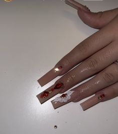 Red Righnstone Nails, Red Quince Surprise Dance Outfit, Red Nails For Quinceanera Long, Copy And Paste Latina Nails Red, 15 Nails Ideas Red, Prom Nail Inspo Red, Jaripeo Nails, Dark Red Nails With Rhinestones, Long Acrylic Nails Square Ideas Pretty