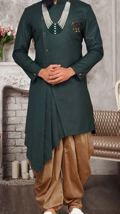 Bottle Green Sherwani For Men, Gents Dress Design, Indo Western Dress For Men Mens Fashion, Traditional Drape Fitted Kurta For Groom, Designer Traditional Drape Set For Groom, Groom's Eid Kurta With Traditional Drape, Fitted Kurta For Groom On Eid, Fitted Kurta For Groom, Festive Occasion, Fitted Traditional Wear With Naqshi For Groom