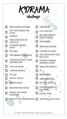 a list with the words kdrama challenge written in black ink on white paper