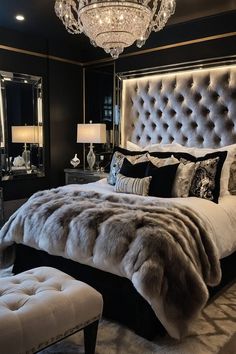 a bedroom with a large bed, chandelier and mirror on the wall above it