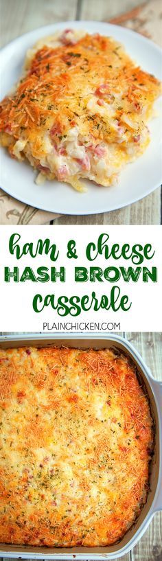 two pictures of hash browns casserole with cheese and ham in it on a white plate