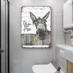 a white toilet sitting next to a wooden sign with a horse on it's face