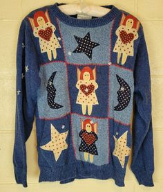 VTG Susan Bristol Hand Embroidered Sweater Stars Moon Angels SM Grannycore Hand Embroidered Sweater, Applique Clothing, Stars Moon, Star Sweater, Beautiful Sweater, Embroidered Sweater, Stars And Moon, Bristol, Hand Embroidered