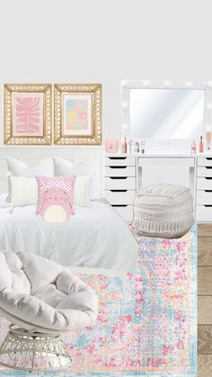 a bedroom with white furniture and pink accents on the walls, along with an area rug