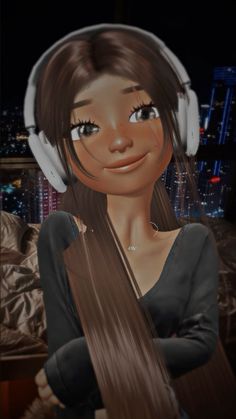 a girl with headphones on her ears and long hair in front of a cityscape