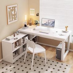 a white computer desk sitting on top of a hard wood floor next to a window