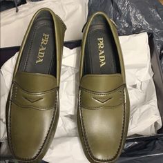 100% Authentic. With Box. These Are Unisex. They Are Size 5 In Men. I Wear Size 8 In Women They Fit Me Perfectly. Luxury Green Loafers For Formal Occasions, Luxury Green Loafers, Luxury Green Loafers For Business, Luxury Green Loafers For Work, Luxury Green Loafers For Office, Prada Green, Slip On Dress Shoes, Shoes Prada, Bit Loafers