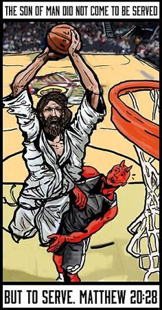 a basketball card with a drawing of a man holding a basketball in his hand and the text, but to serve mathew 20?