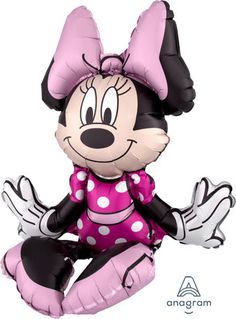 minnie mouse balloon sitting on the ground with her legs spread out and eyes closed, wearing a pink polka dot dress