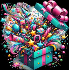 a colorful gift box with confetti, stars and balloons around it on a black background