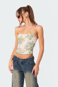 Top X halter neck Printed fabric Polyester, Spandex Model wears size S Model height is 5'8 Item care: Wash with similar color Statement Clothing Pieces, Visionary Fashion, Clothing Pieces, Swimwear Dress, Cropped Tube Top, Party Prints, Asymmetrical Tops, Fit Inspo, Printed Fabric