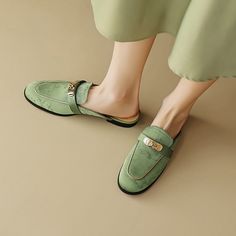 CHIKO Kamal Round Toe Block Heels Clogs/Mules Shoes Green Slip-ons With Leather Sole And Round Toe, Green Closed Toe Slip-ons, Green Clogs With Removable Insole, Leather Low Heel Mules With Rubber Sole, Green Spring Clogs With Removable Insole, Green Slip-on Closed Toe Loafers, Green Slip-on Mules With Removable Insole, Green Mules With Leather Footbed, Green Slip-on Mules