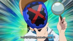 an anime character holding up a magnifying glass with the words i am the greatest detective ever