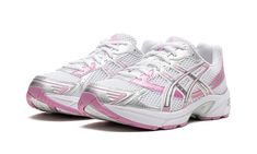 The Women’s ASICS Gel-1130 “White/Silver/Pink" is a women’s-exclusive colorway of the lifestyle shoe with pink features.  The Women’s ASICS Gel-1130 “White/Silver/Pink” features a white open-mesh construction with Metallic Silver synthetic leather overlays accented in Pink.  A “Gel-1130” logo appears on the tongue and “Gel” is spelled out on the inserts on the collar overlay.  Underfoot, a techy-looking midsole with ASICS’s Gel cushioning technology completes the look of the popular sneaker. Pink And Gray Foam Runners, Pink Acisis, Acisis Shoes, Asics Gel 1130, Pink Asics, Shoes Sneakers Pink, Pretty Shoes Sneakers, Shoes Outfit Fashion, Silver Sneakers