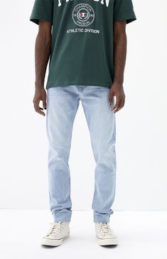 Online Only! Introducing the PacSun Light Indigo Slim Jeans, tailored with PacSun's signature slim fit. These jeans feature a slim leg opening, generous thigh room, and a tapered fit from thigh to knee, a five pocket body, and zipfly closure ensuring comfort and style for every wearer.


	Model is wearing a size 32
	Model Measurements: 6'1” Height, 31” Waist, 32” Inseam Medium Wash Slim Fit Tapered Leg Bottoms, Medium Wash Slim Fit Bottoms With Straight Hem, Light Wash Fitted Straight Bottoms, Fitted Straight Bottoms For Summer, Light Wash Straight Fit Bottoms With Standard Cut Leg, Slim Fit Light Wash Bottoms With Five Pockets, Blue Jeans Outfit Men, Light Blue Jeans Outfit, Pacsun Mens