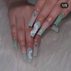 Mint Acrylic Nails Design, Mint Green Quinceanera Theme, Cute Mint Green Nails, Mint Green Quince, Mint Green Nails Acrylic, Sage Nails Acrylic, Mint Green Gel Nails, Mint Blue Nails