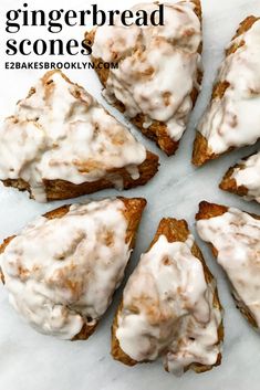 there are six pieces of bread with icing on it and the words gingerbread scones