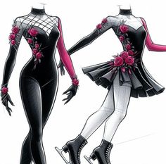 a drawing of two women in black and white outfits