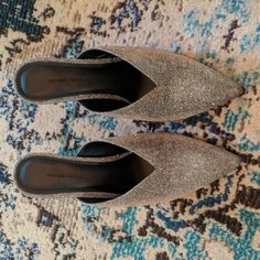 Gun Metal (Black, Gold, Silver) Size 8.5 Excellent Condition - Never Worn Note: Slightly Scuffed Soles From Trying On In The House (See Pictures) Approx 3.75 Heel Smoke Free But Not Pet Free Home Synthetic Mules For Party In Fall, Closed Toe Party Mules For Fall, Fall Party Closed Toe Mules, Glamorous Pointed Toe Mules For Night Out, Chic Fall Party Mules, Party Synthetic Mules With Almond Toe, Banana Republic, Pumps, Women Shoes