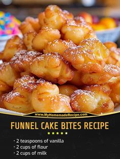 a pile of funnel cake bites recipe on a white plate with text overlay that reads funnel cake bites recipe