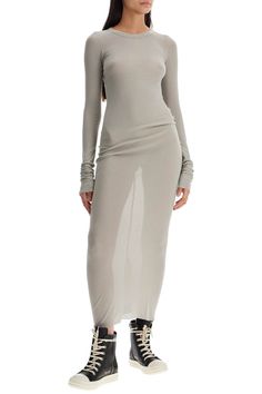 Find RICK OWENS Long Fitted Jersey Dress on Editorialist. This long dress by Rick Owens is made of semi-transparent stretch silk and viscose jersey, with ribbed detailing. It features a fitted design with a round neckline, long sleeves, raw-cut hems, and a central seam on the back. The model is 177 cm tall and wears an Italian size 40. Stretch Maxi Dress With Sheer Sleeves, Sheer Stretch Long Maxi Dress, Bodycon Maxi Dress With Sheer Sleeves, Sheer Long Sleeve Bodycon Maxi Dress, Fitted Long Mesh Dress For Spring, Sheer Stretch Midi Dress, Sheer Sleeve Bodycon Maxi Dress, Sheer Long Fall Dresses, Spring Stretch Maxi Dress With Sheer Sleeves