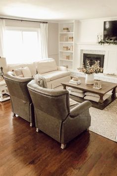 a living room filled with furniture and a fire place in the middle of a room