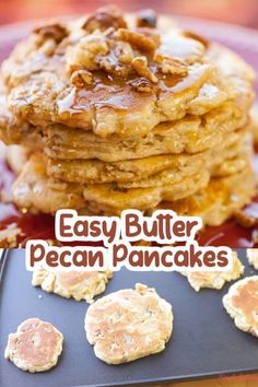 pancakes are stacked on top of each other with syrup and pecans in the background